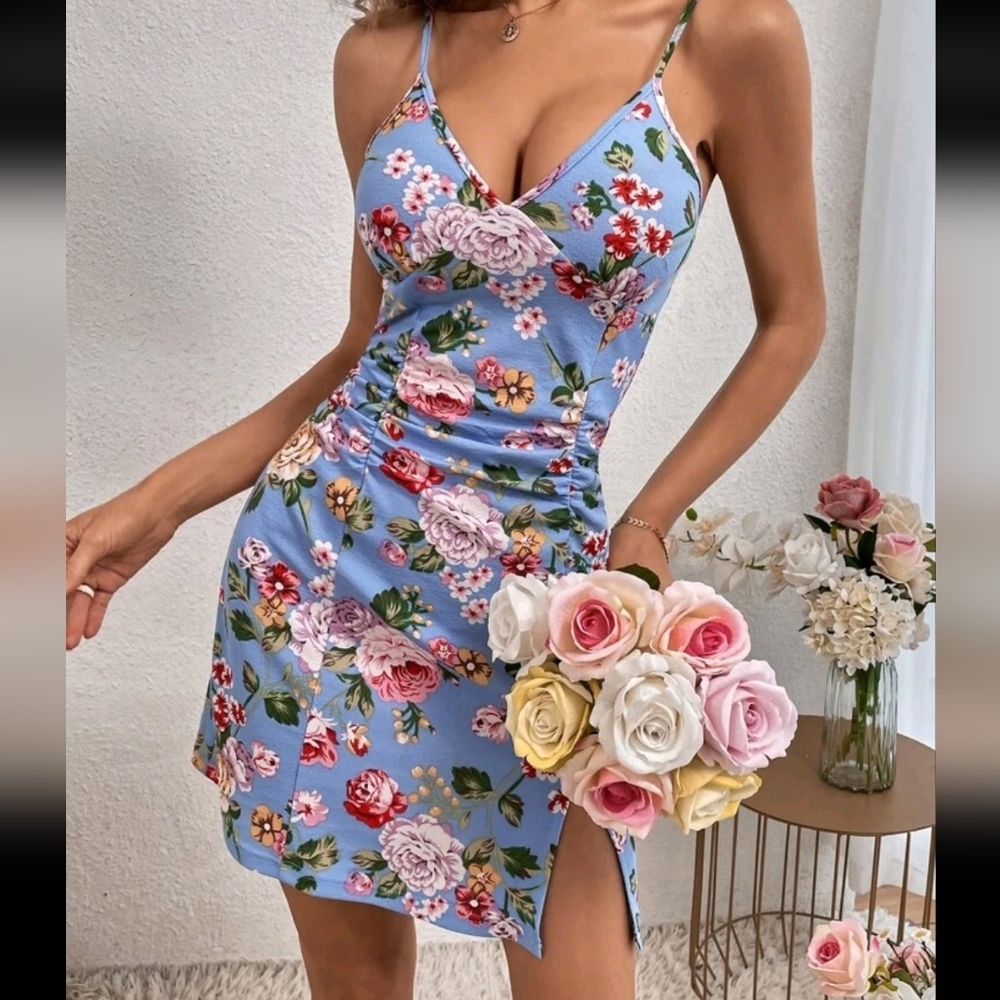 Shein Size Large,  Summer Women's Floral Colorful Sun Deep V-Neck Dress